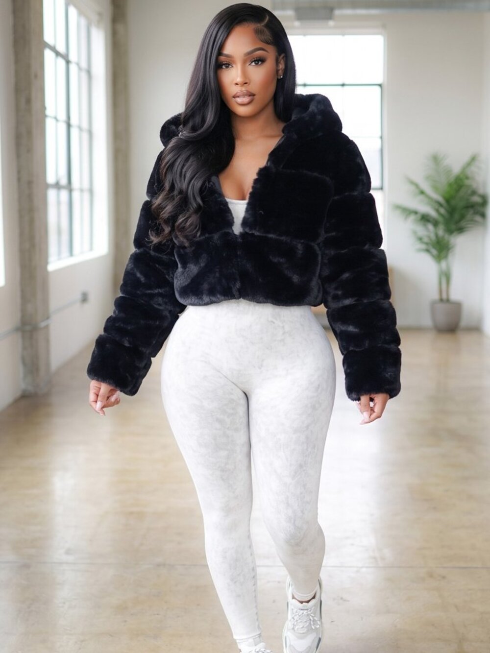 Hook Closure Puffy Fur Hoodie Bolero Jacket With Pu Lining